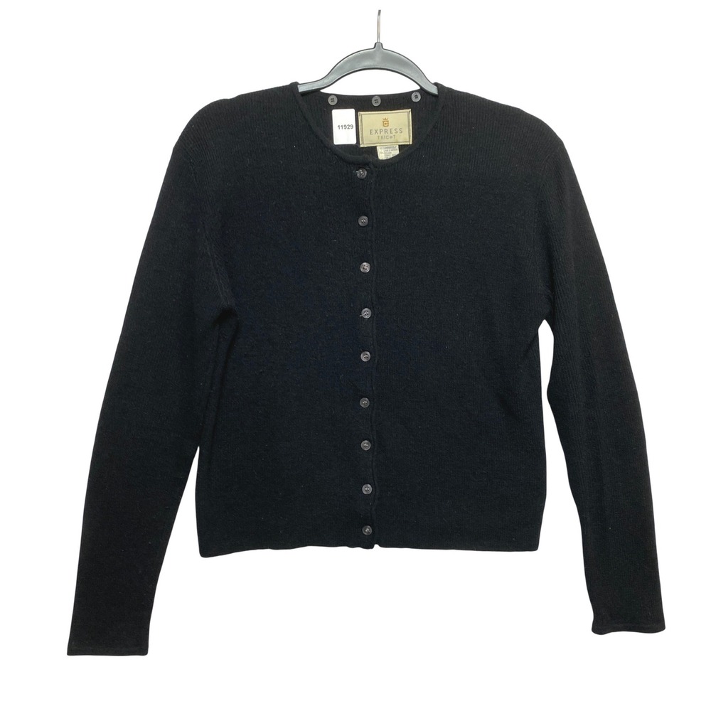 Express Tricot Cardigan Womens S Black Lambswool Angora Button Down Knit Sweater